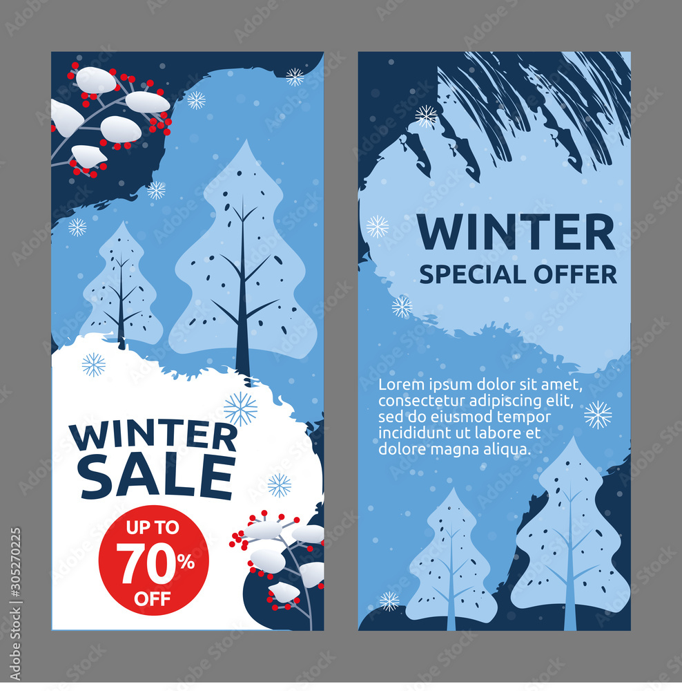 Winter design for banner, poster, flyer. Vector illustration with winter landscape and falling snowflakes. Illustration for special offers with copy space for description and discount offer