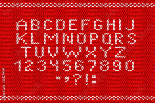 Vector realistic isolated knitted alphabet font for template decoration and invitation covering on the red sweater background. Concept of Merry Christmas, Ugly Sweater Party and Happy New Year.