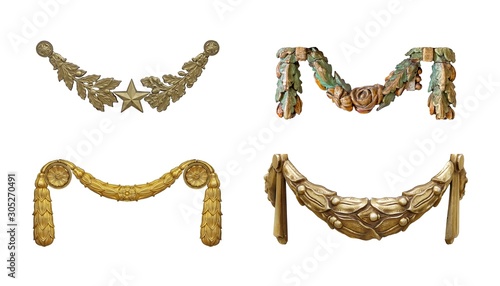 Set of golden flower garlands isolated on white background