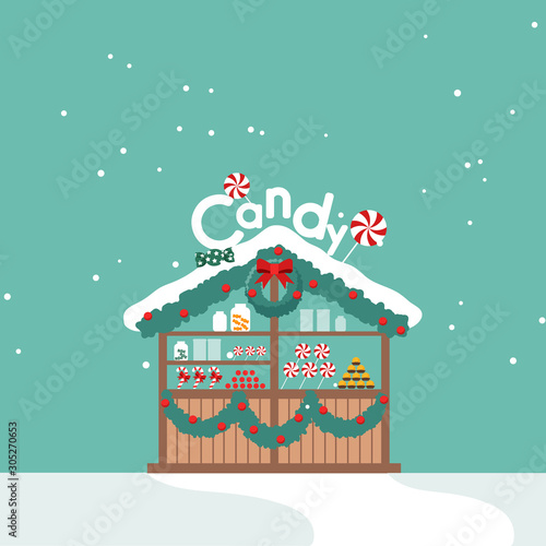 : Christmas market greeting card with candy shop on teal background