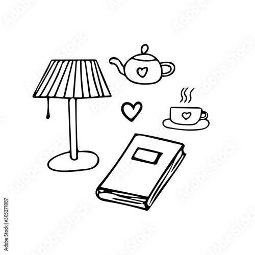 Cozy home set of hand drawn elements - lamp, book, teapot, cup, heart. collection of elements in scandinavian simple style.
