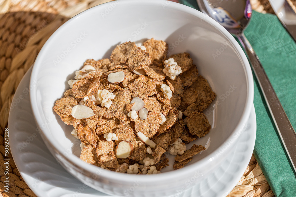 Healthy cereal breakfast outside. Close up in table Healthy cereal breakfast outside. Close up in table
