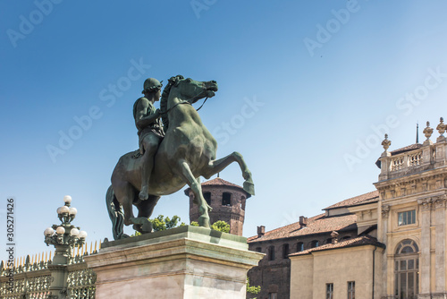 Statue of a horse rider in front of the Royal Palace (Palazzo Reale) in Turin (Torino), Piedmont (Piemonte), Italy