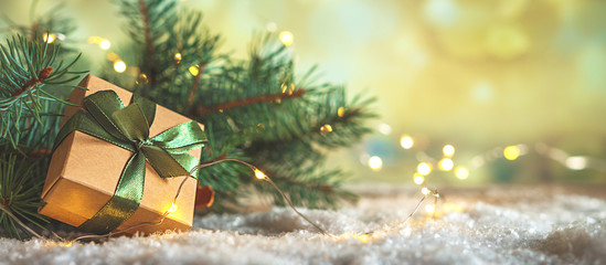 Christmas and zero waste, eco friendly packaging gifts in kraft paper on a wooden table, eco christmas holiday concept, eco decor banner