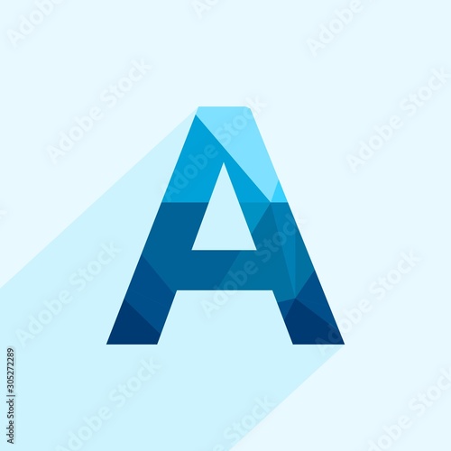 Blue vector polygon letter A with long shadow. Abstract low poly illustration of flat design.