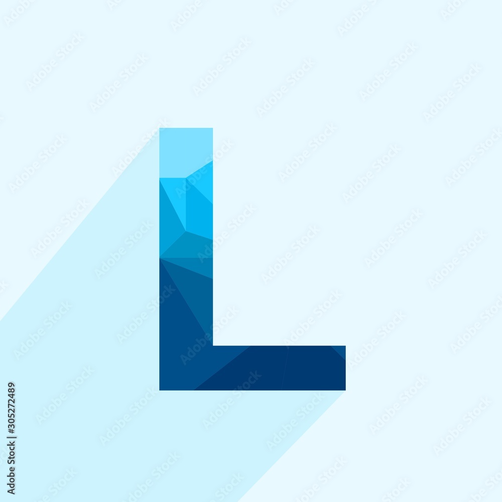 Blue vector polygon letter L with long shadow. Abstract low poly illustration of flat design. Blue vector polygon letter L with long shadow. Abstract low poly illustration of flat design.