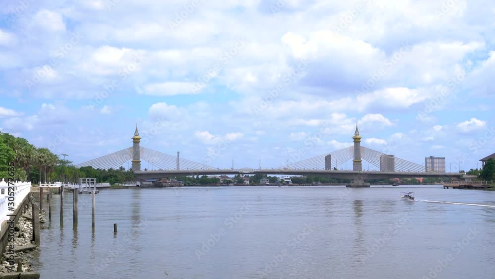 Maha Chesadabodindranusorn Bridge over Chao Phraya river in Nonthaburi, Thailand. Its structure is cable-stayed extradosed Maha Chesadabodindranusorn Bridge over Chao Phraya river in Nonthaburi, Thailand. Its structure is cable-stayed extradosed
