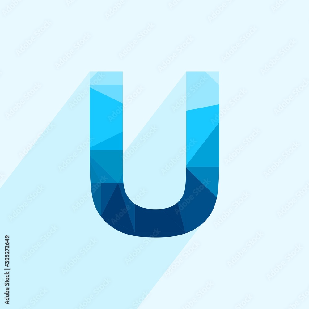 Blue vector polygon letter U with long shadow. Abstract low poly illustration of flat design. Blue vector polygon letter U with long shadow. Abstract low poly illustration of flat design.