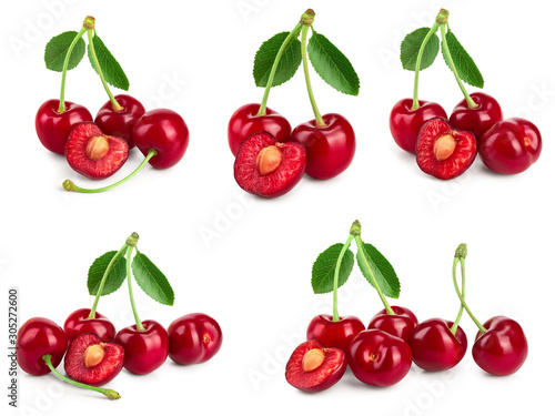 Set of cherries with leaf and cut closeup isolated on white background. Set or collection