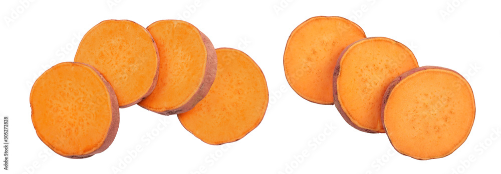 slice sweet potato isolated on white background closeup. Top view. Flat lay. slice sweet potato isolated on white background closeup. Top view. Flat lay.