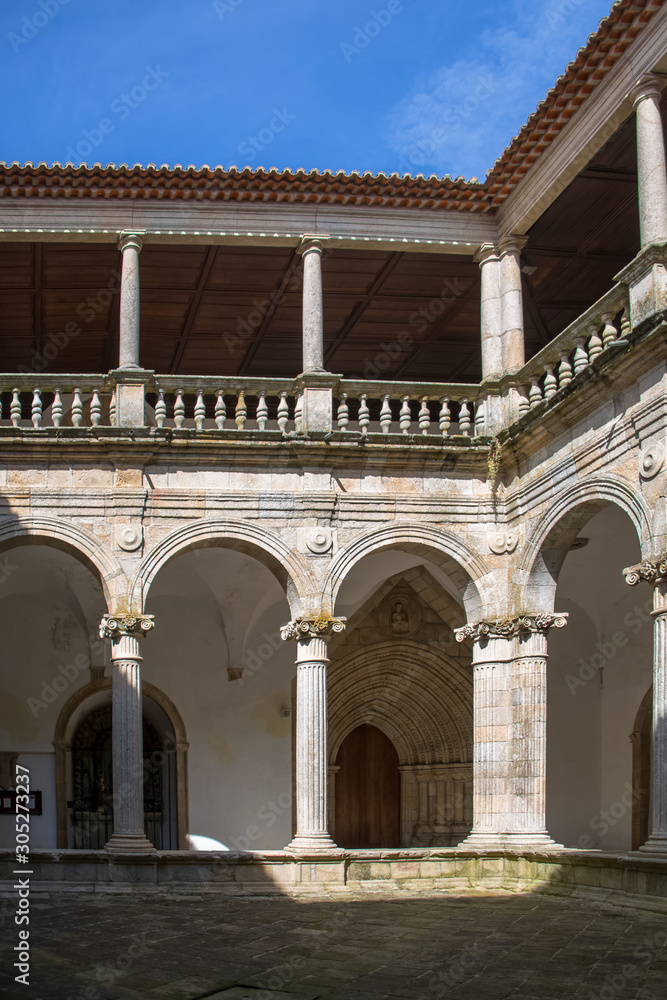View at the interior cloister on the Cathedral of Viseu, romanesque style columns gallery, Portugal