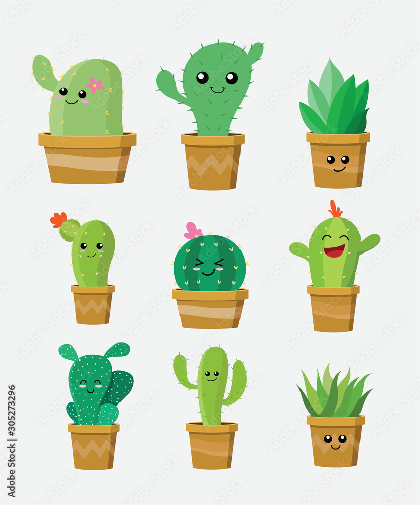 set of cute cartoon cactus and succulents with funny happy faces,  expression in flowerpot. concept simple flat design illustration vector.  can used for cards, invitations, sticker, object decoration. Stock Vector |  Adobe