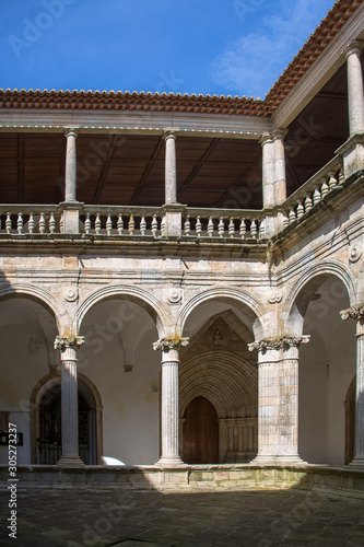 View at the interior cloister on the Cathedral of Viseu, romanesque style columns gallery, Portugal