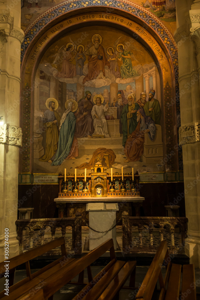 Lourdes, France, June 24 2019: Interior of the Rosary Basilica in Lourdes, France. Lourdes, France, June 24 2019: Interior of the Rosary Basilica in Lourdes, France.