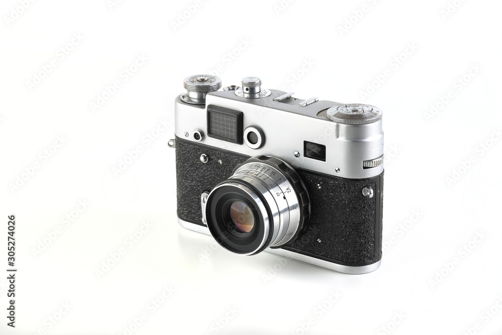 Rare old rangefinder film camera on white background.