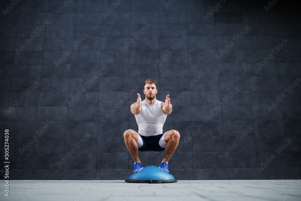 Front view of handsome caucasian muscular bearded man doing squat exercise on bosu ball. In background is gray wall. Front view of handsome caucasian muscular bearded man doing squat exercise on bosu ball. In background is gray wall.