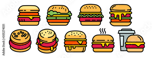 Burger icons set. Outline set of burger vector icons for web design isolated on white background