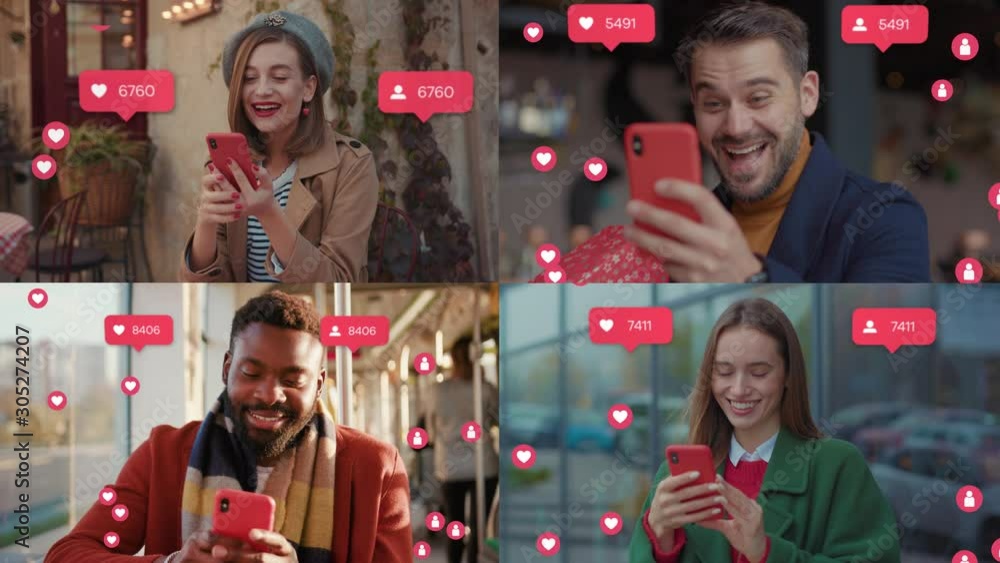 Vlogger Influencer. Portrait of Charming People. Animation with User Interface - Likes, Followers, Comments for Social Media from Smartphone. Response. Successful Emotion. Live Stream.