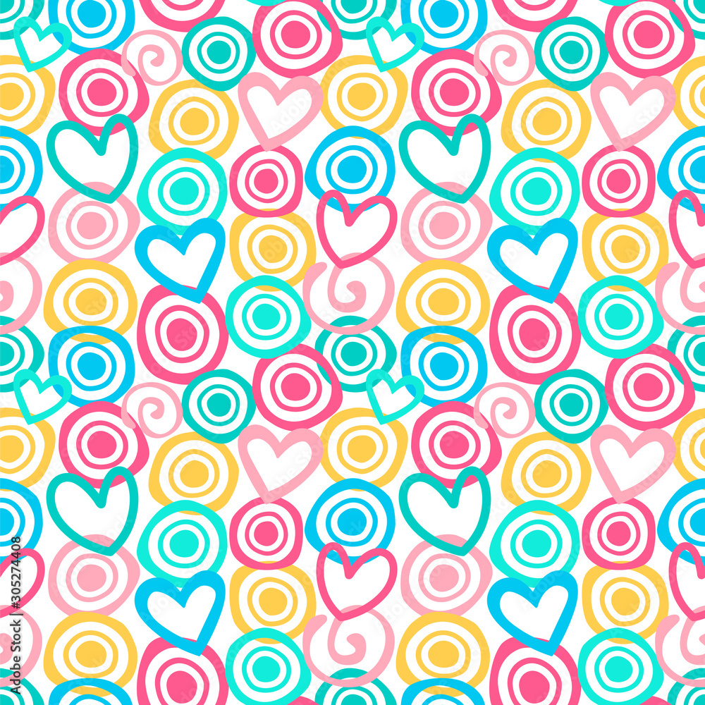 Seamless vector pattern with circles, hearts and swirls in a cute color palette. Seamless vector pattern with circles, hearts and swirls in a cute color palette.