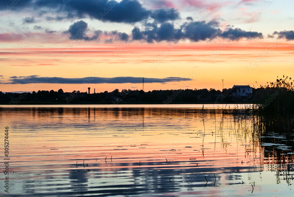Sunset on the lake Dagda, Latvia.