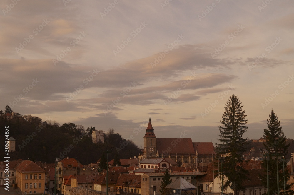 Black Church and the panorama of Brasov in the twilight light, (Biserica Neagra) Transylvania, Romania	