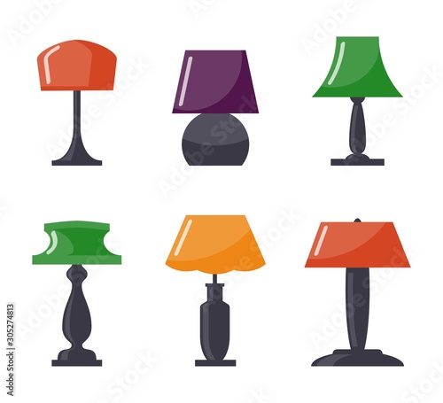 Colorful table lamp set. Modern table lamp icon collection, flat style. Vector illustration.