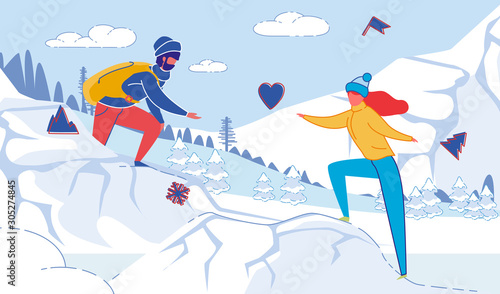 Young Loving Couple Hiking in Winter Mountains.