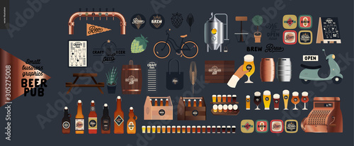 Brewery, craft beer pub -small business graphics - pub elements -modern flat vector concept illustrations -draught beer tank, tower, casks, brewery components, bar interior, logo, hop, wheat, scooter