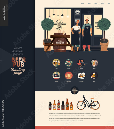 Brewery, craft beer pub -small business illustrations -landing page design template -modern flat vector concept illustration of bar facade, owners, illustrated web icons, beer bottles, bicycle