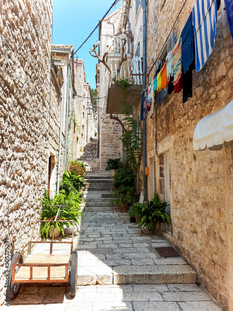 Staircase in the old town on the island of Hvar in Croatia