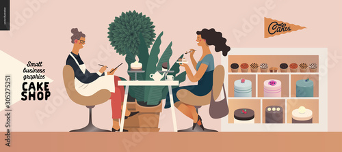 Cake shop, cakes on demand - small business graphics - baker and customer -modern flat vector concept illustrations -a seller filling in the demand form a customer sitting in the armchairs in the shop