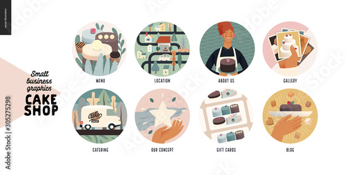 Cake shop, cakes on demand - small business graphics -modern flat vector concept illustration of website template elements -icons menu, location, about us, gallery, delivery, concept, gift cards, blog
