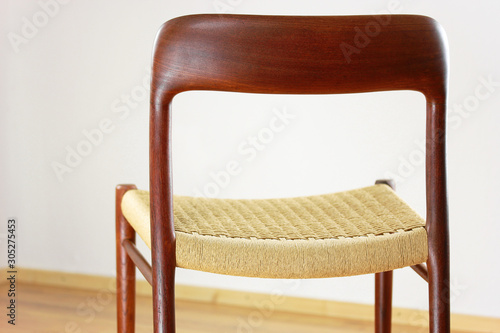 Møller TEAK CHAIR No.75 Stuhl Danish Design Mid Century 60er Moller Vintage Dining Paper Cord seat wood Modern antique 50s 60s retro original isolated on white wall in modern living room closeup loft photo