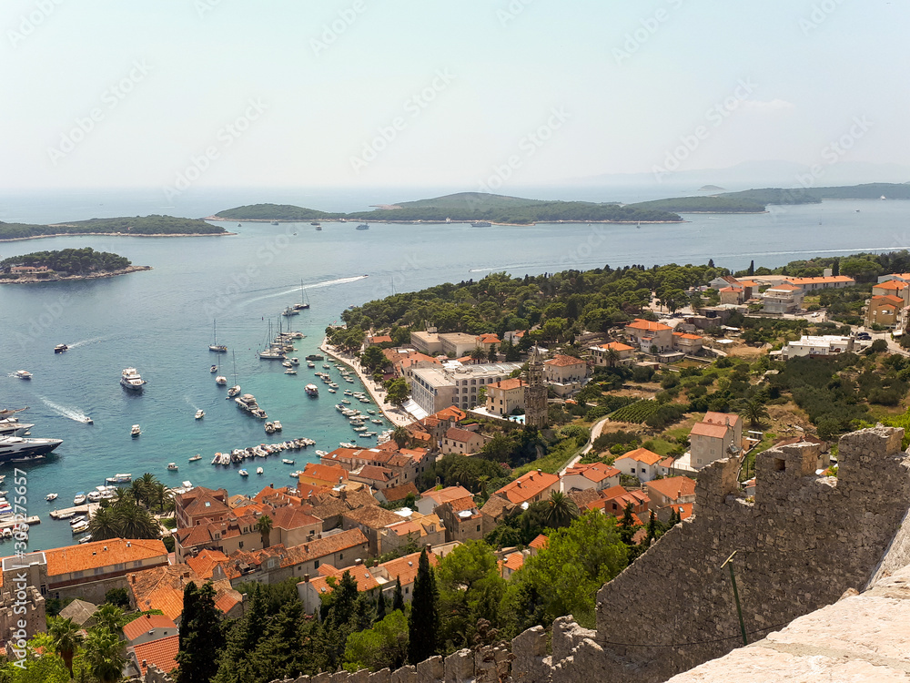 Top view of the old town, promenade, sea on the island of Hvar