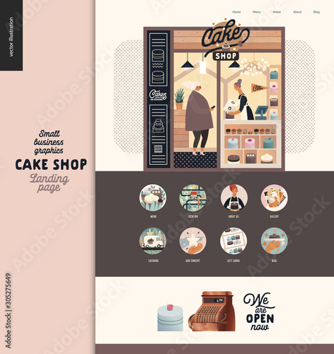 Cake shop -small business illustrations -landing page design template -modern flat vector concept illustrations - shop facade with a range of cakes, pastries, tarts, cupcakes. Web page icons