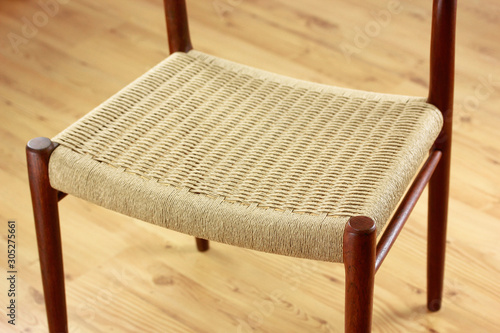 Møller TEAK CHAIR No.75 Stuhl Danish Design Mid Century 60er Moller Vintage Dining Paper Cord seat wood Modern antique 50s 60s retro original isolated on white wall in modern living room closeup loft photo