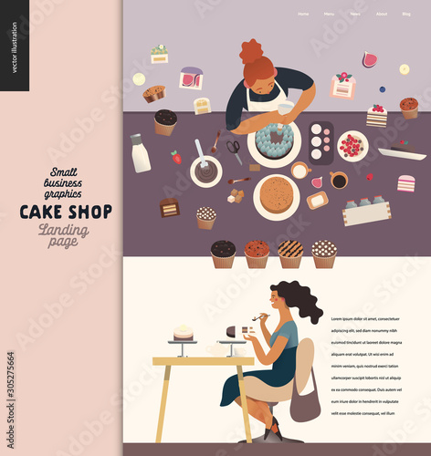 Cake shop -small business illustrations -landing page design template -modern flat vector concept illustrations -a process of cake production - baker decorating a tart. A customer tasting a cake