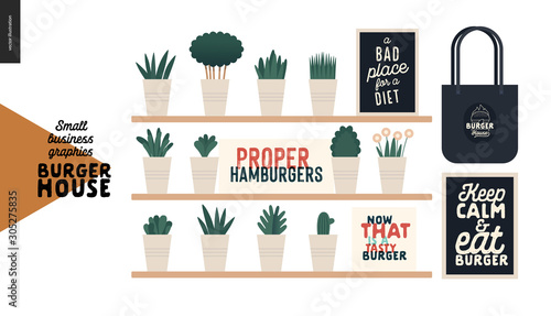 Burger house - small business graphics - restaurant elements -modern flat vector concept illustrations - shelves with plants in pots, burger quotation posters, branded tote bags