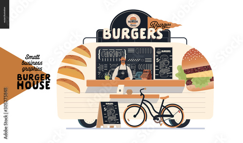 Burger house - small business graphics - food truck - modern flat vector concept illustration of a burgers street food truck van, seller, menu and pavement sign - blackboard with menu, bicycle