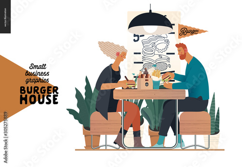 Burger house -small business graphics - visitors -modern flat vector concept illustrations -young couple eating burgers at the table in burger restaurant, interior, cheeseburger exploded view poster