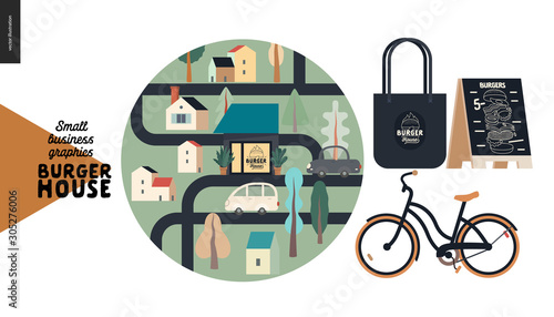 Burger house -small business graphics - location icon and branded elements -modern flat vector concept illustrations -web icon with map, branded tote bag, pavement sign, bicycle