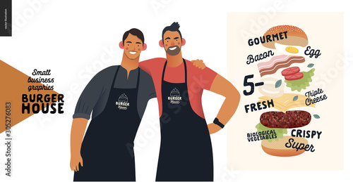 Burger house -small business graphics - owners -modern flat vector concept illustrations -two young men wearing branded aprons standing embraced, cheeseburger exploded view poster