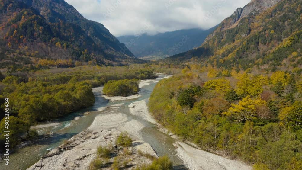 Aerial drone point of view landscape mountain view of Kamikochi Japan in autumn season. Aerial drone point of view landscape mountain view of Kamikochi Japan in autumn season.