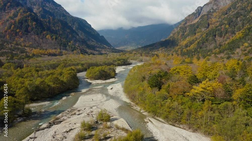 Aerial drone point of view landscape mountain view of Kamikochi Japan in autumn season.