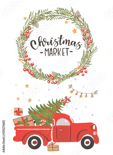 Christmas red truck with a Christmas tree.