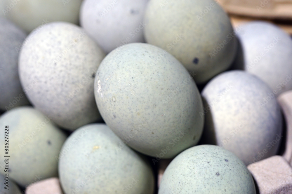 View of Chinese preserved blue century duck eggs at a market in Australia View of Chinese preserved blue century duck eggs at a market in Australia
