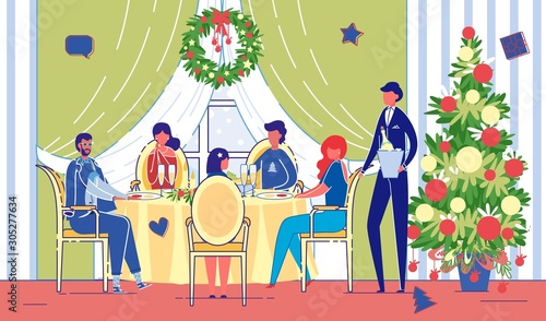 Friends Celebrate Christmas Holiday in Restaurant.
