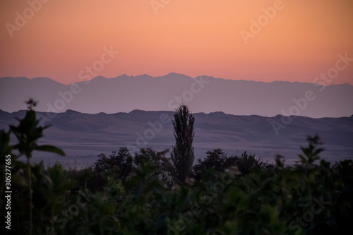 Sunset landscape view of silhouette mountains and lonely trees in Azerbaijan. Sheki
