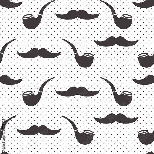 Male seamless pattern, gentlemens print with mustaches and smoking pipes on polka dot background. Black and white design. Vector illustration