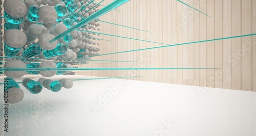 Abstract architectural wood and glass interior from an array of spheres with large windows. 3D illustration and rendering.